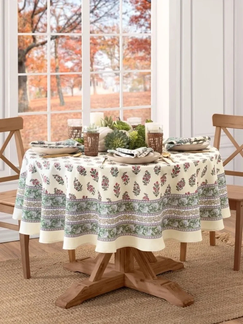 Floral Green Border Round Tablecloth - Cream